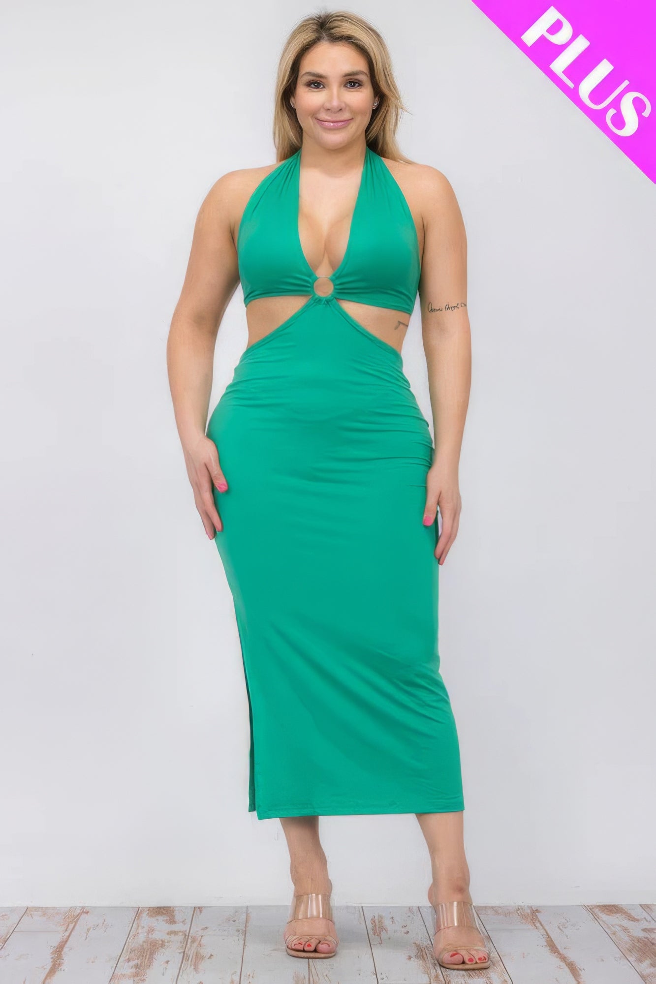 Plus Size Cut-out Halter Neck Double Back Tie Split Thigh Midi Dress ~ 6 Colors