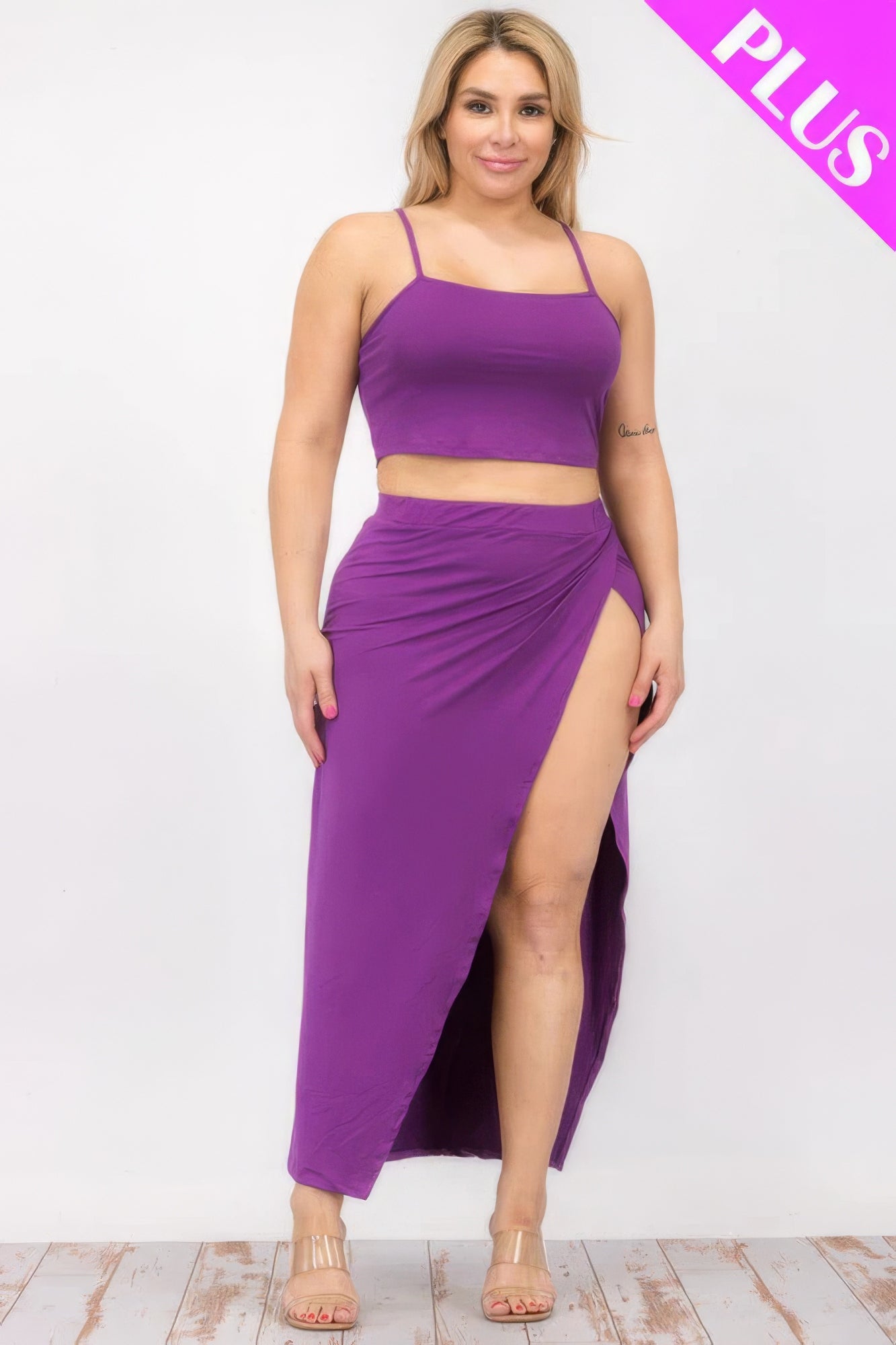 Plus Size Crop Cami & Split Thigh Maxi Skirt Set ~ 6 Colors