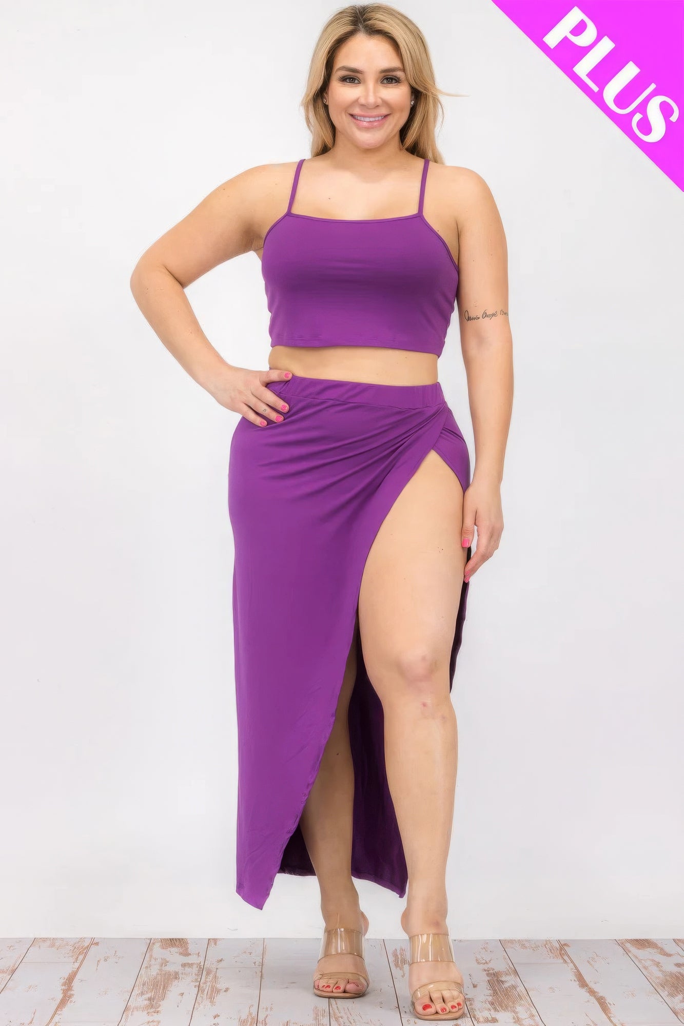 Plus Size Crop Cami & Split Thigh Maxi Skirt Set ~ 6 Colors