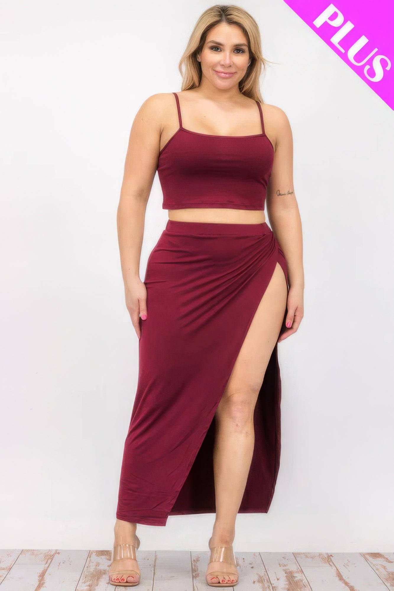 Plus Size Crop Cami & Split Thigh Maxi Skirt Set ~ 6 Colors