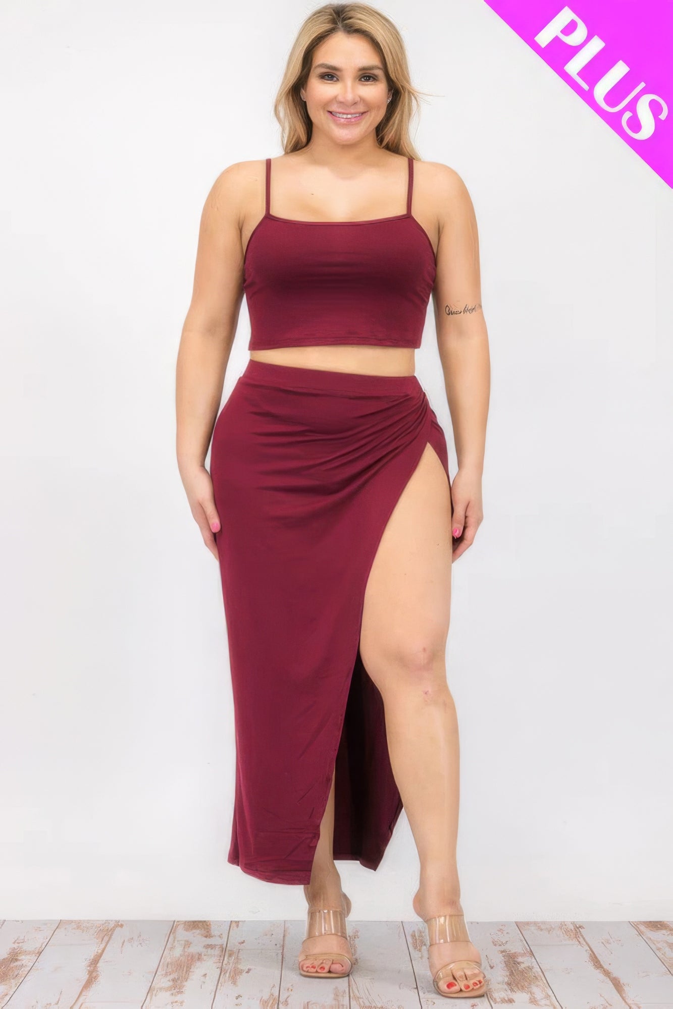 Plus Size Crop Cami & Split Thigh Maxi Skirt Set ~ 6 Colors