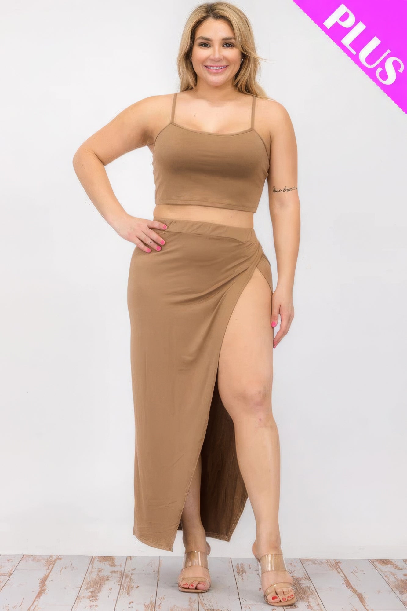 Plus Size Crop Cami & Split Thigh Maxi Skirt Set ~ 6 Colors