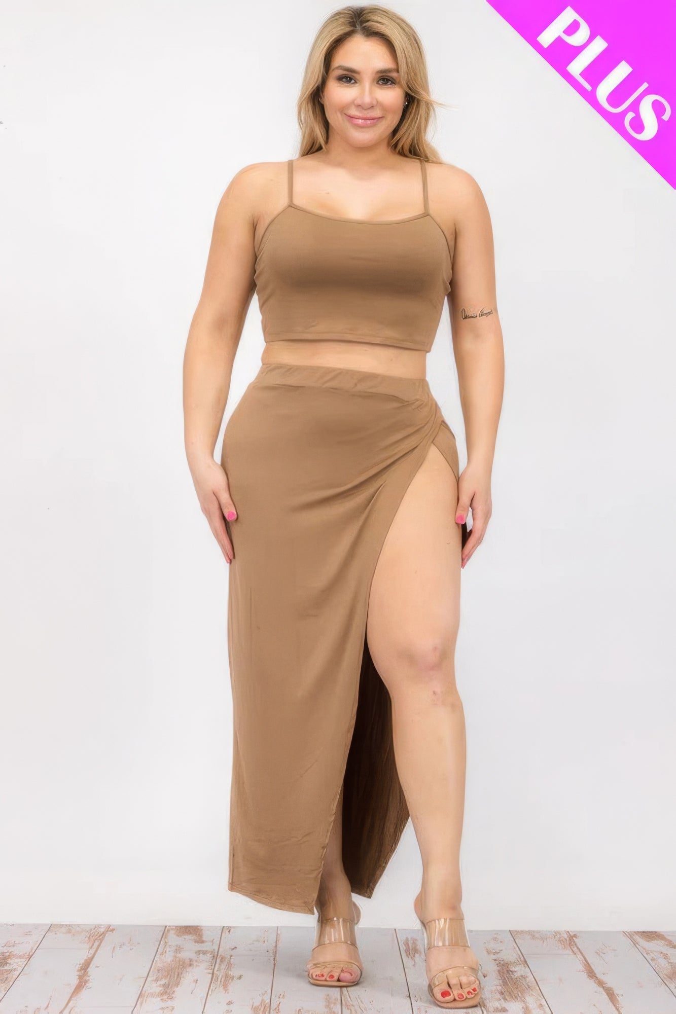 Plus Size Crop Cami & Split Thigh Maxi Skirt Set ~ 6 Colors