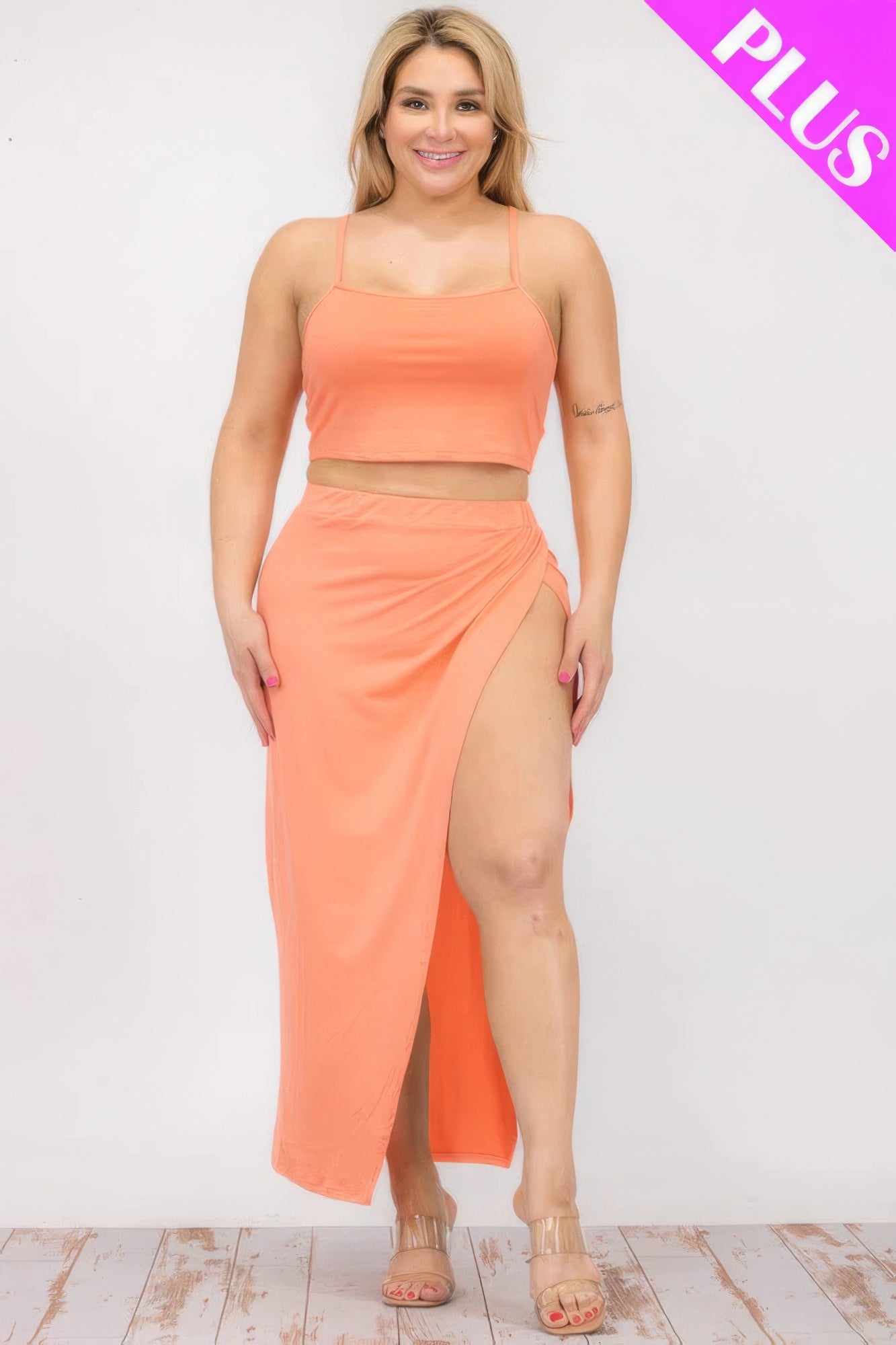 Plus Size Crop Cami & Split Thigh Maxi Skirt Set ~ 6 Colors