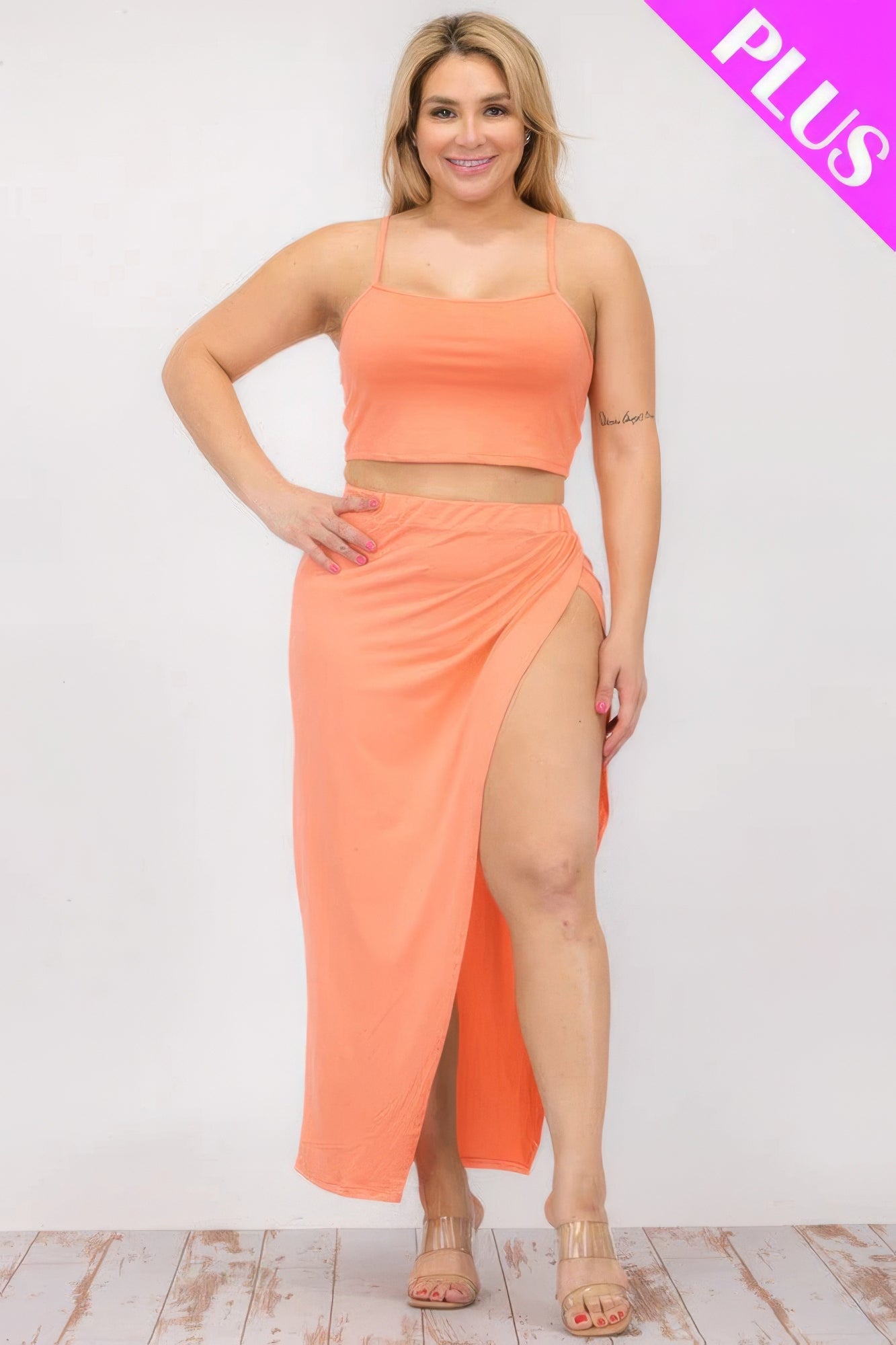 Plus Size Crop Cami & Split Thigh Maxi Skirt Set ~ 6 Colors