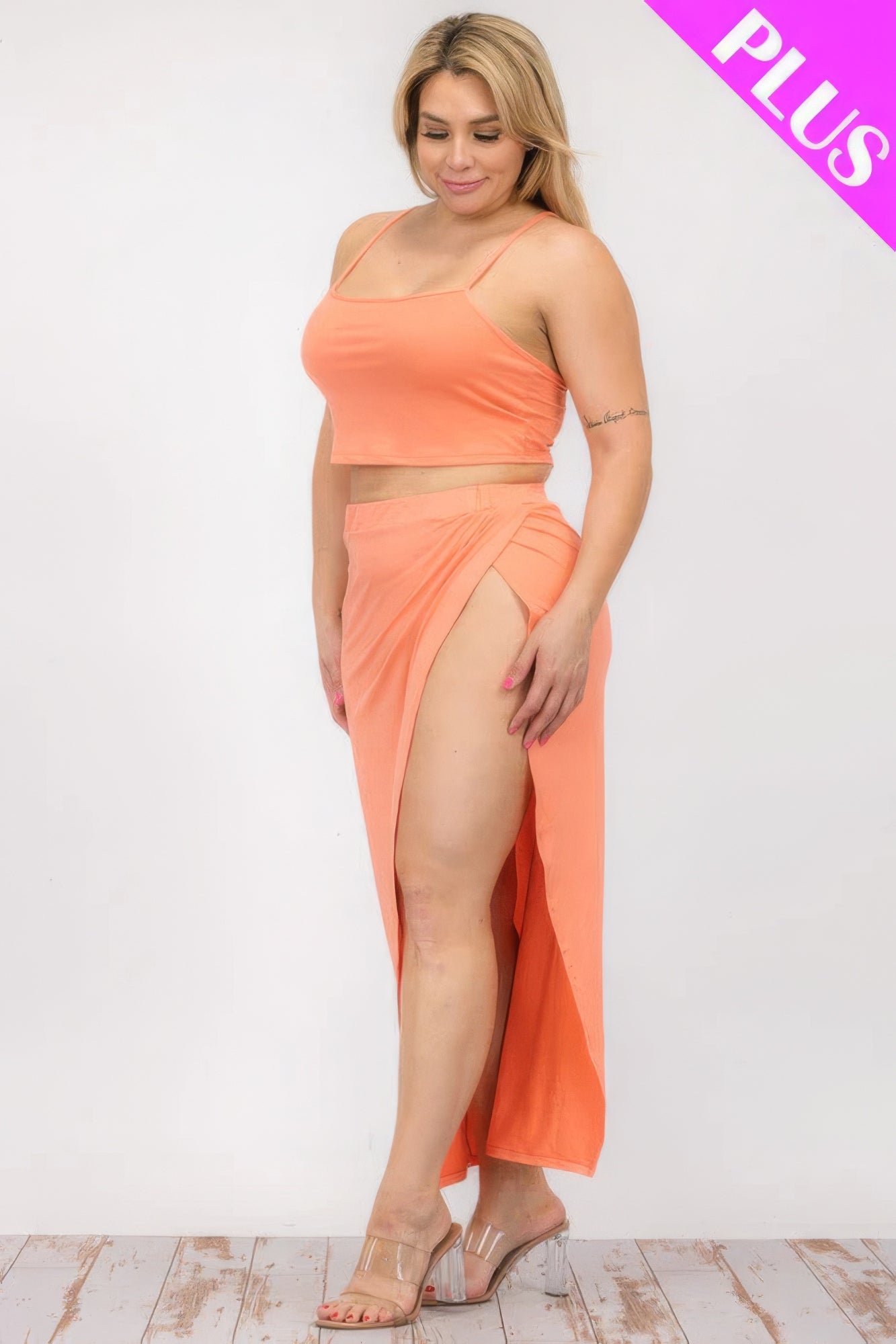 Plus Size Crop Cami & Split Thigh Maxi Skirt Set ~ 6 Colors