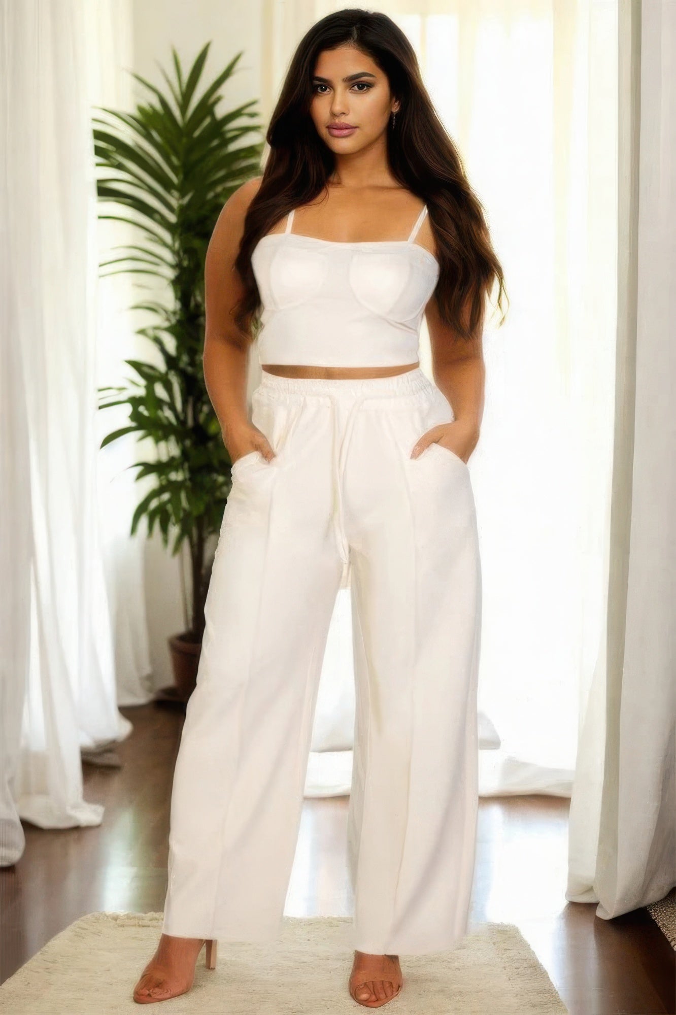 Plus Bustier Crop Cami Top & Slant Pocket Straight Pants ~ 3 Colors