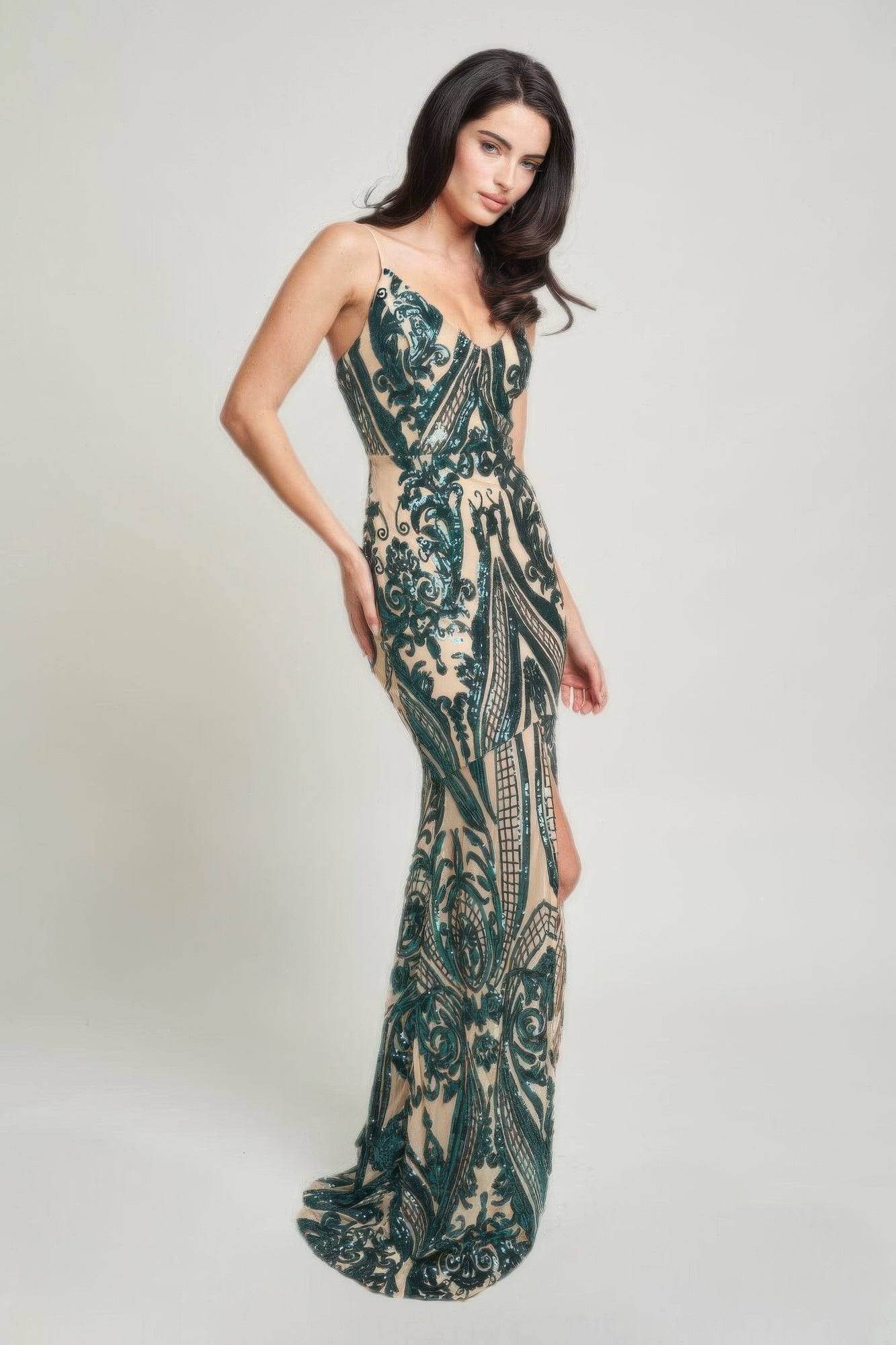 Spaghetti Strap Art Deco Sequins Maxi Dress ~3 Colors