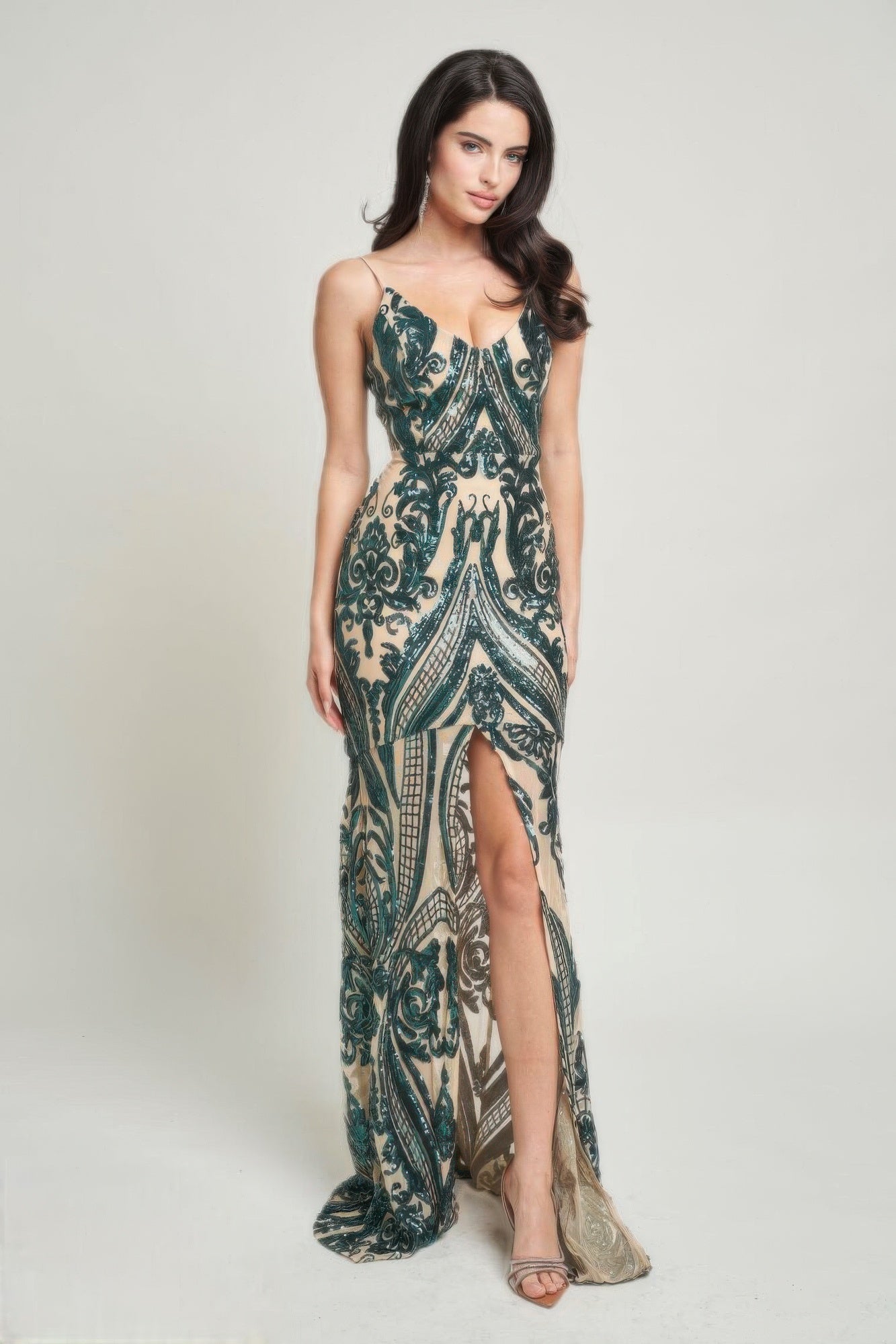 Spaghetti Strap Art Deco Sequins Maxi Dress ~3 Colors