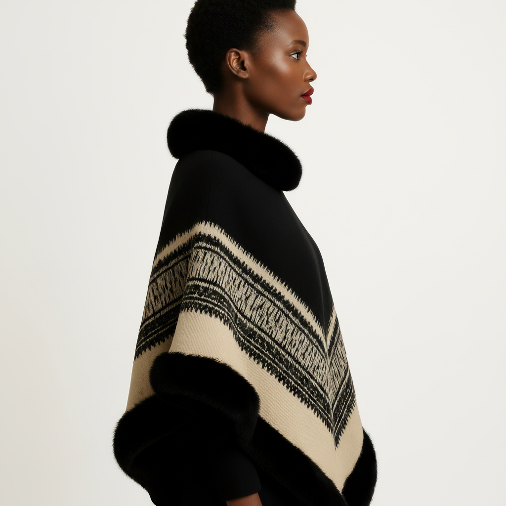 Chevron Trim Poncho With Faux Fur Collar