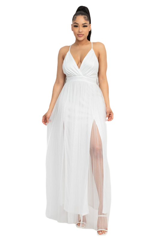 Pleated Mesh Slit Maxi Dress