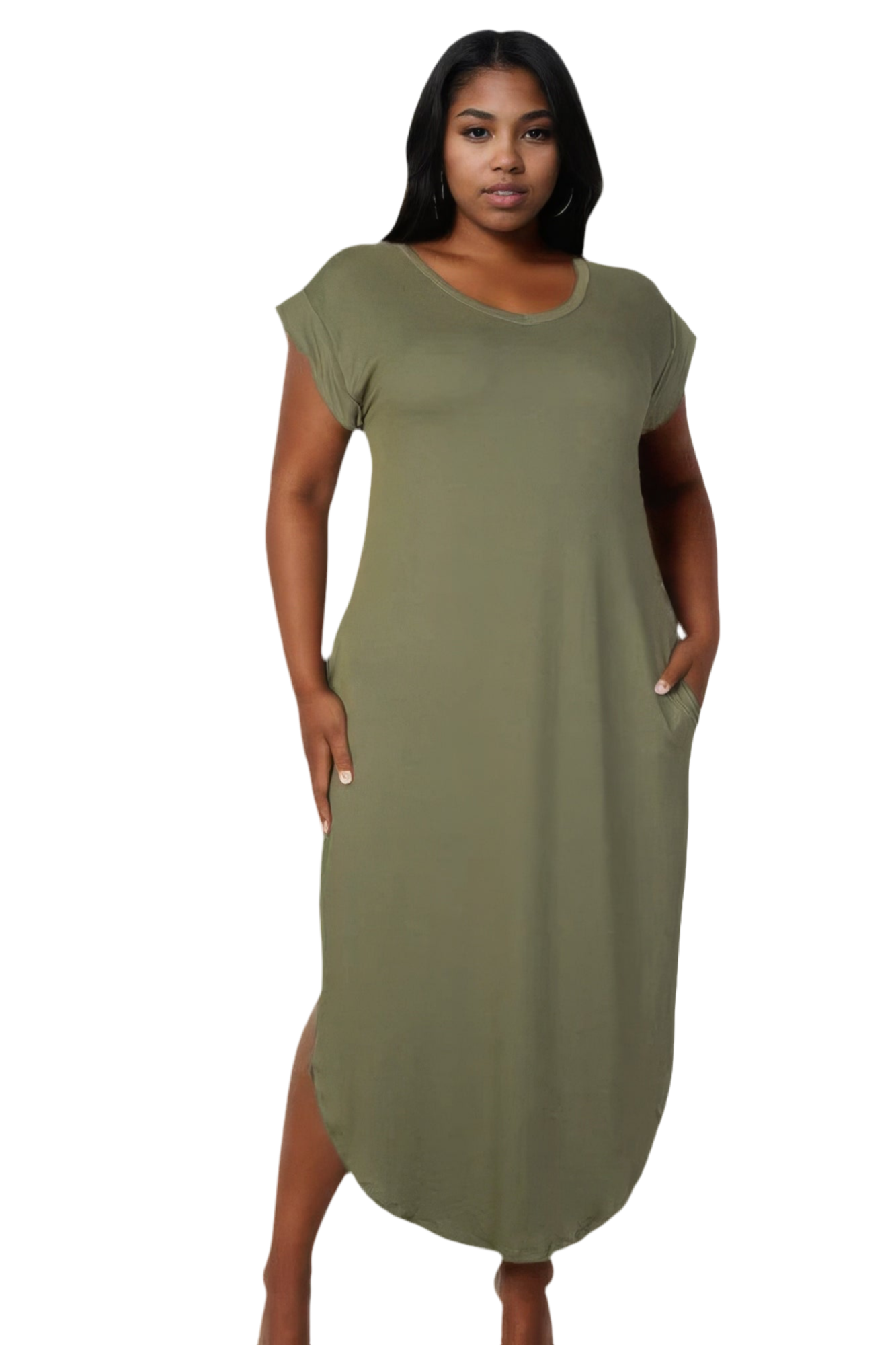 Plus Size Hidden Pocket Batwing Sleeve V Neck Long Dress