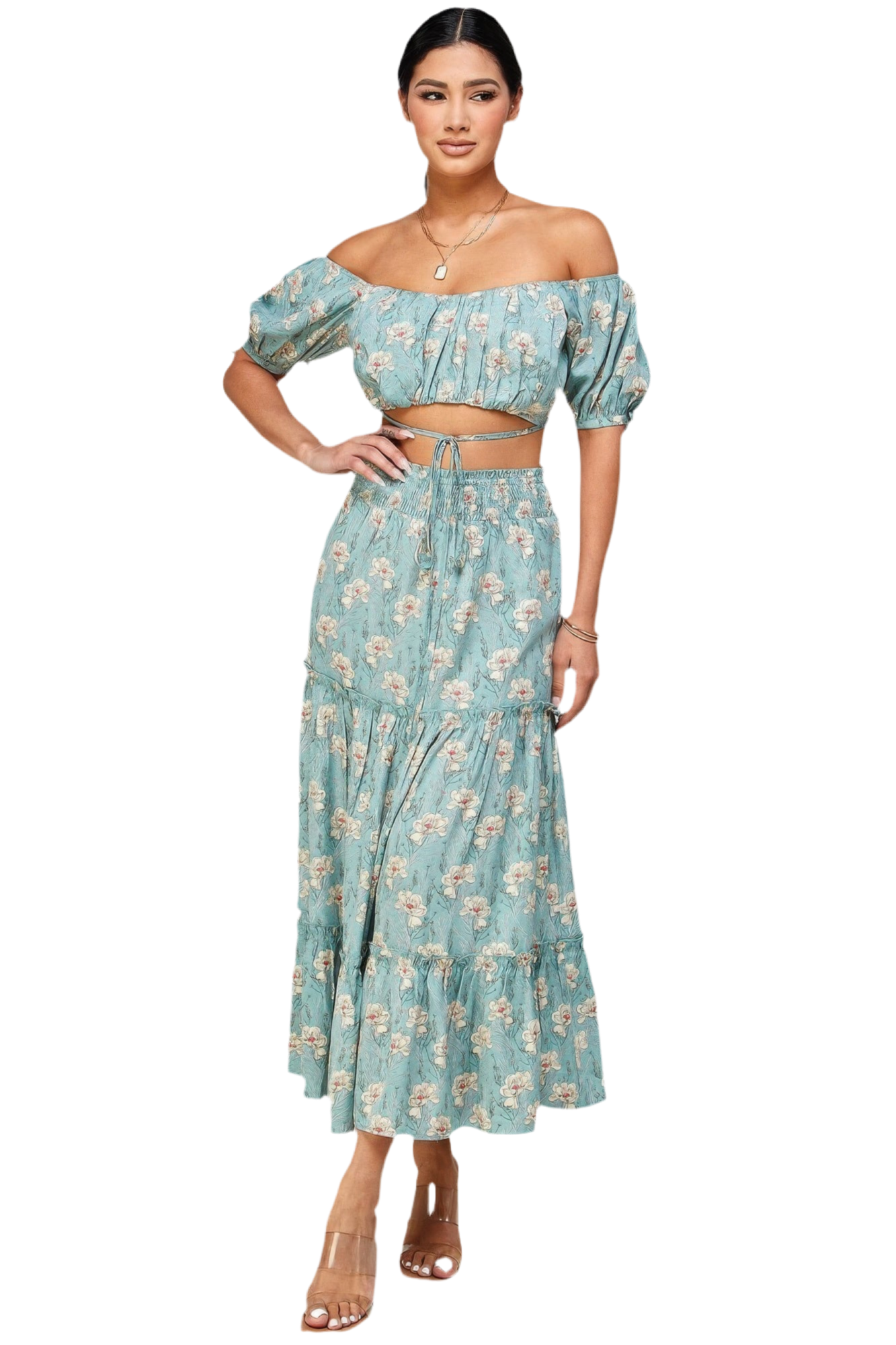 Floral Off Shoulder Sleeve Back Tie Top Skirt Set