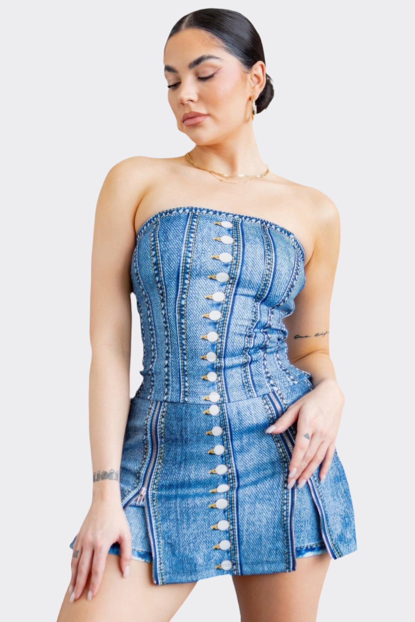 Denim Effect Corset Top & Bottom Set