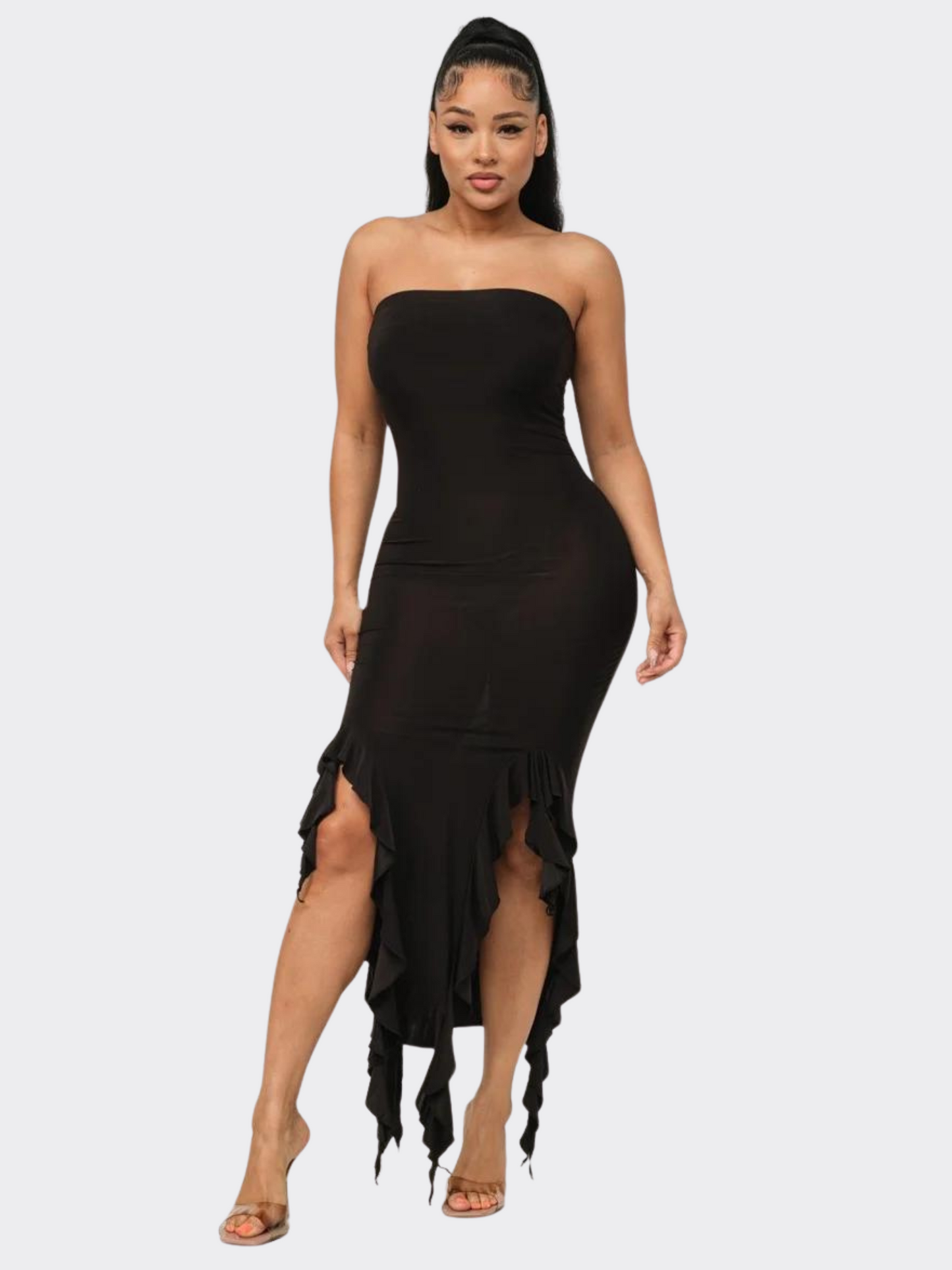 Solid Bottom Ruffle Trim Hem Slit Tube Maxi Dress ~ 3 Colors