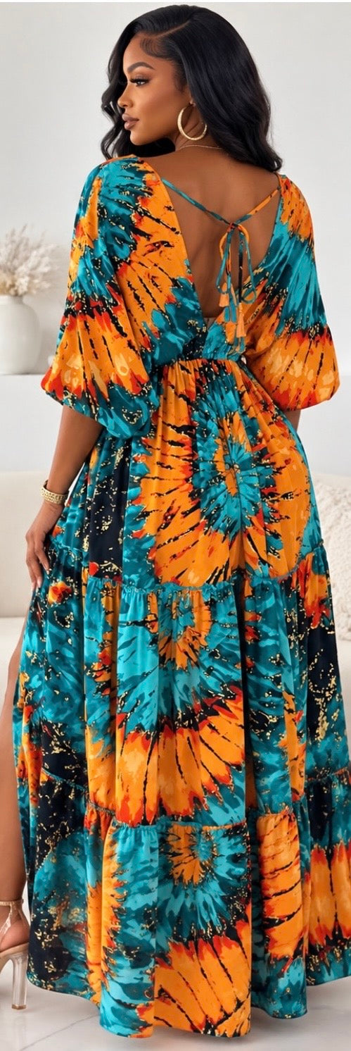 Printed V-Neck Balloon Sleeve Slit Maxi Dress