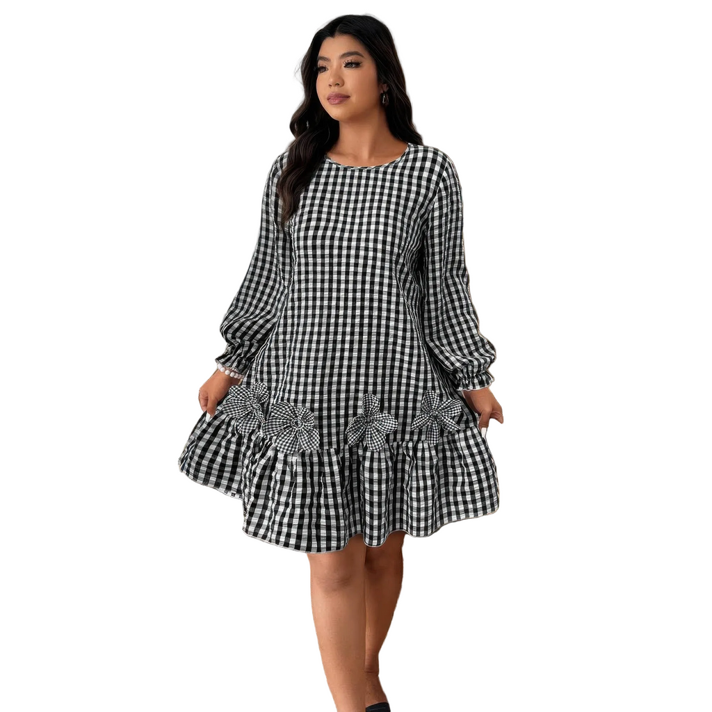 Plus Size Plaid Round Neck Floral Cut Dress