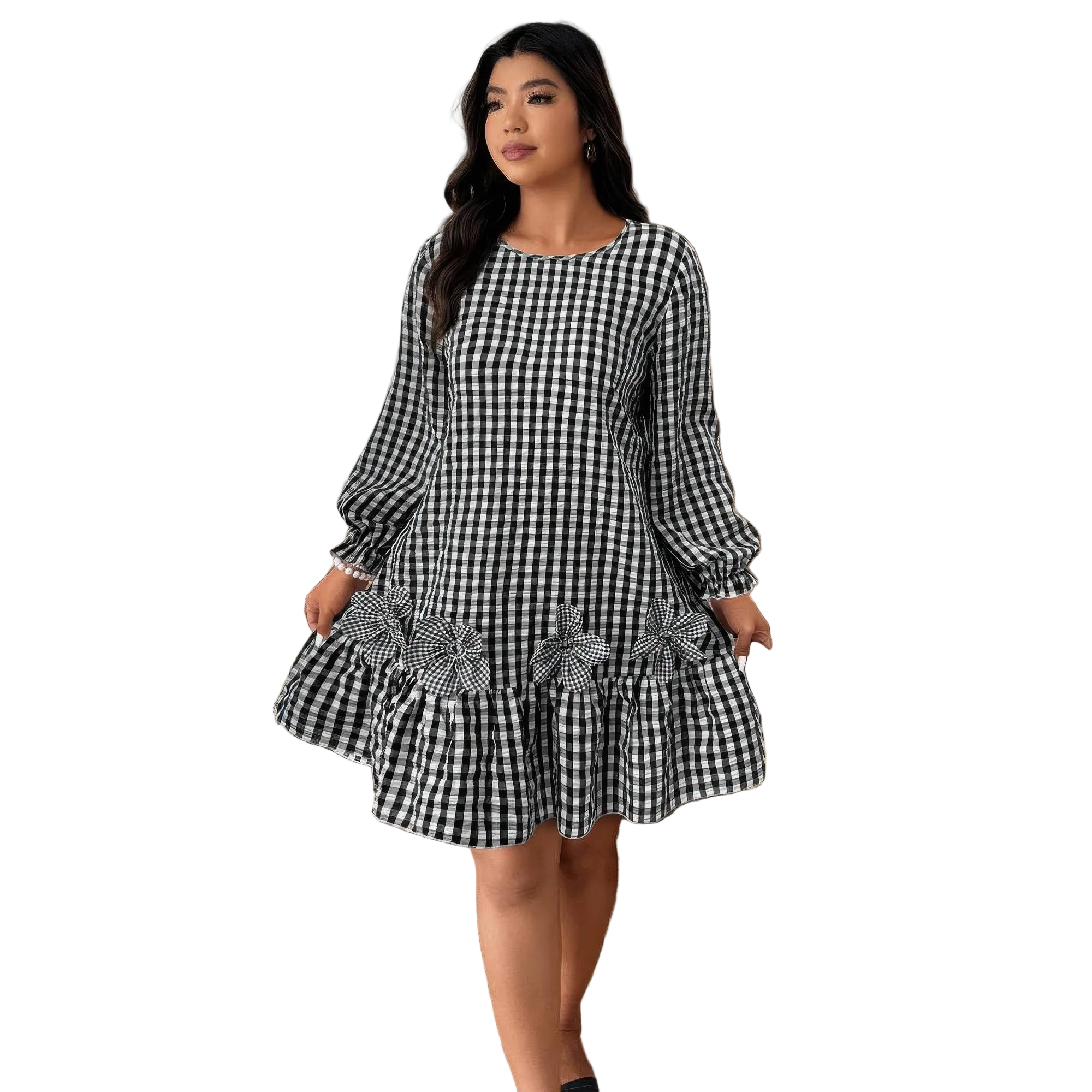 Plus Size Plaid Round Neck Floral Cut Dress