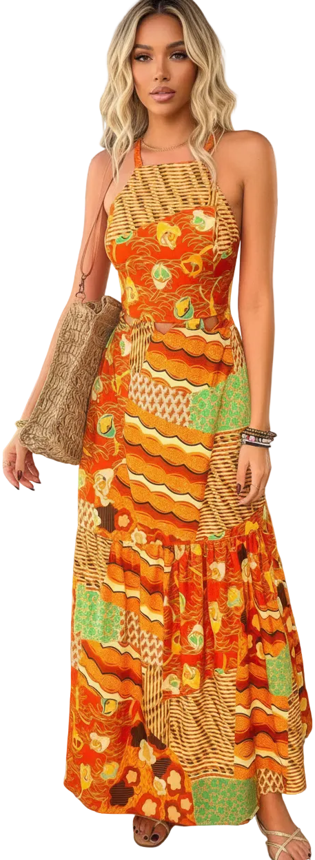 Allover Print Sleeveless Cross Back Cut Out Dress