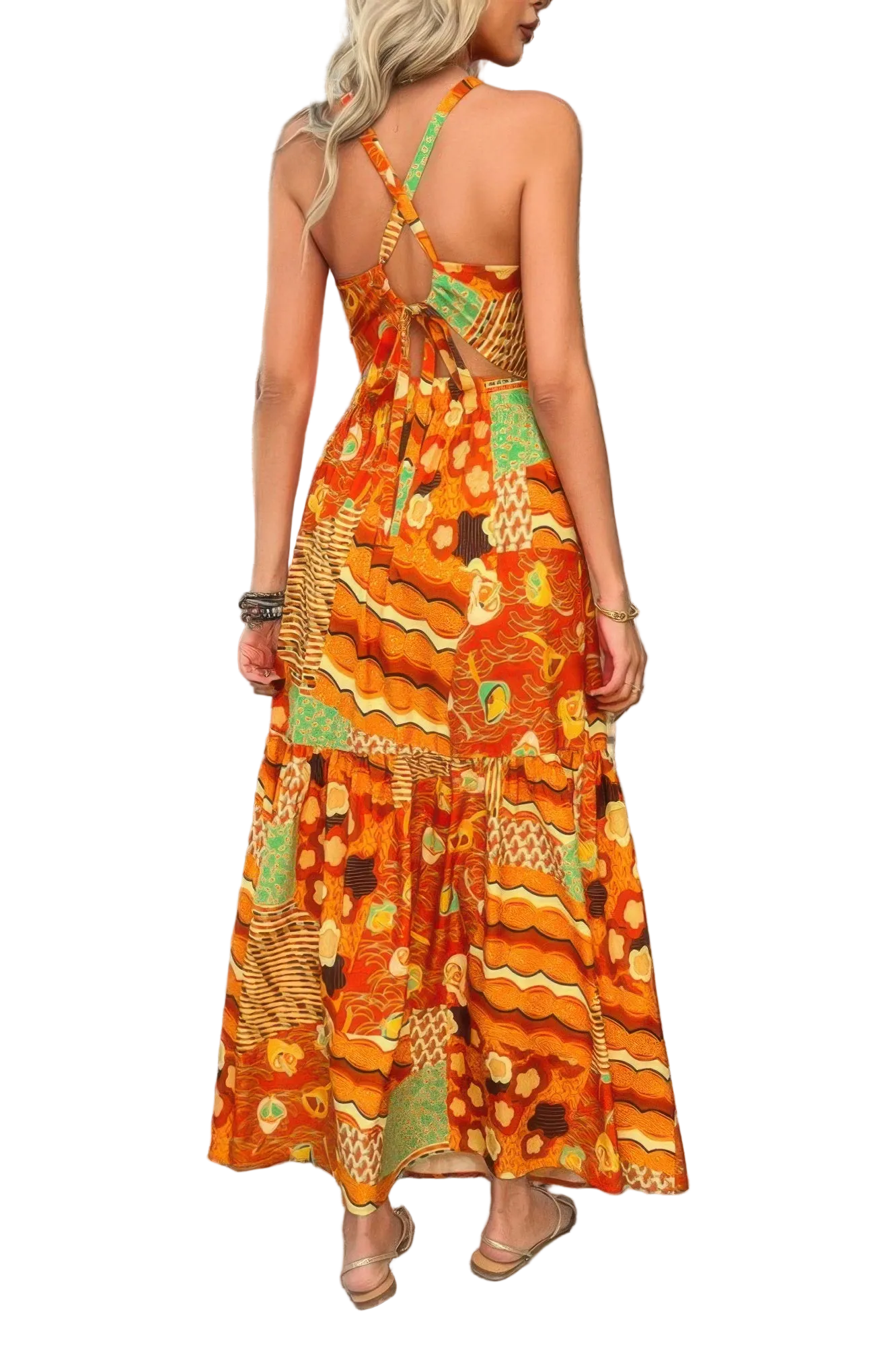 Allover Print Sleeveless Cross Back Cut Out Dress