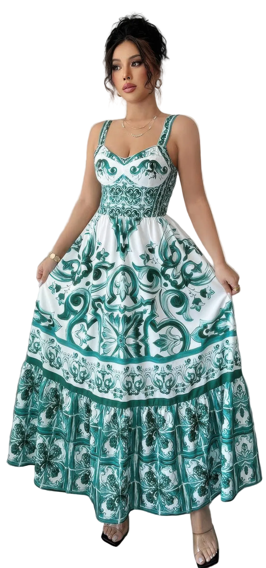 Sleeveless A Line Suspender Printed Long Dress