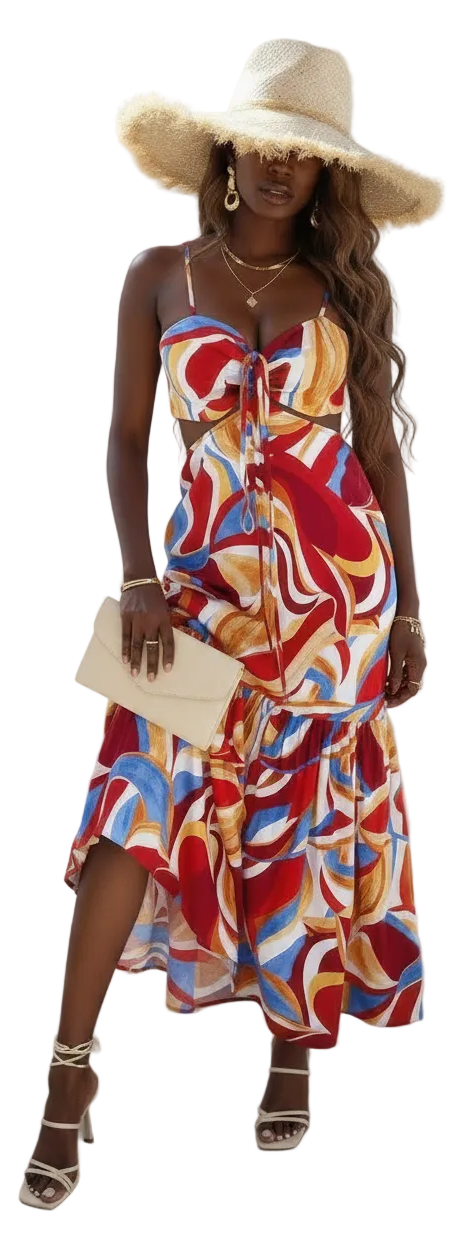 Sleeveless Front Knot Ruched Cut Out Long Dress