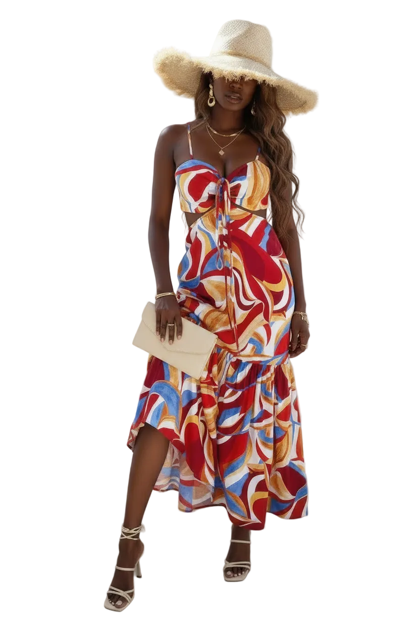 Sleeveless Front Knot Ruched Cut Out Long Dress