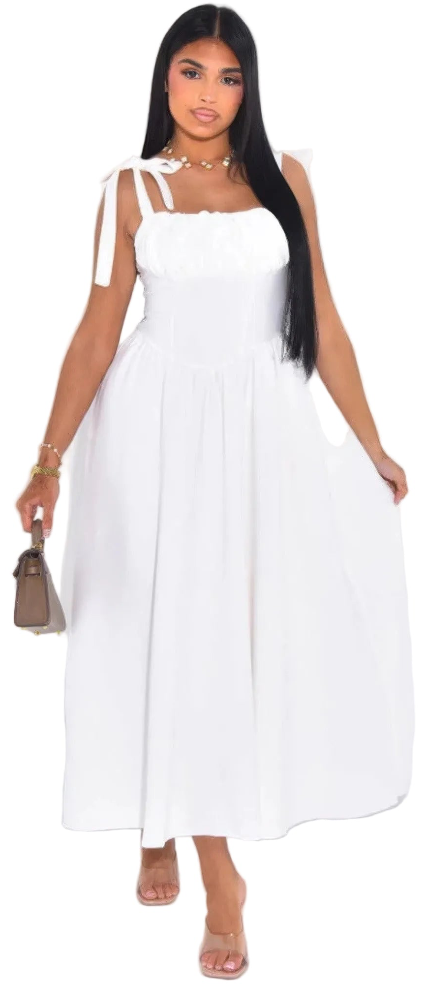 Solid Tie Straps Waist Corset Ruched Full Dress