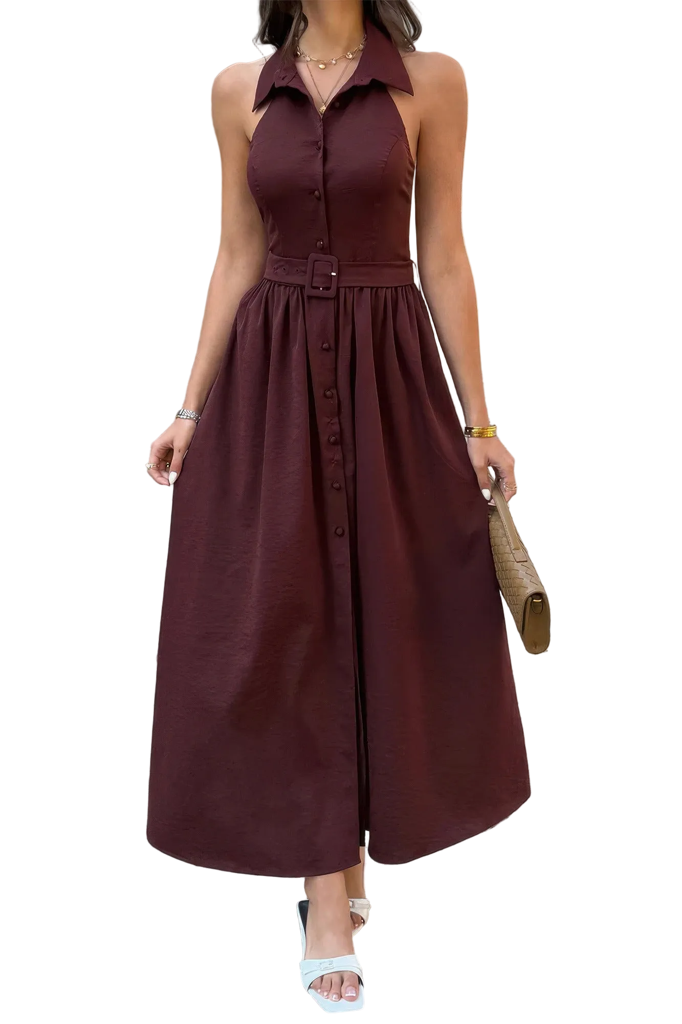 Collared Belt Sleeveless A Line Midi Dress