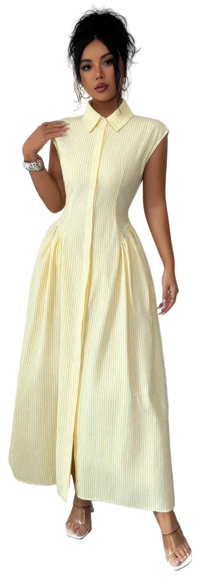 Front Slit Collar Cap Sleeve Ruched Waist Long Dress