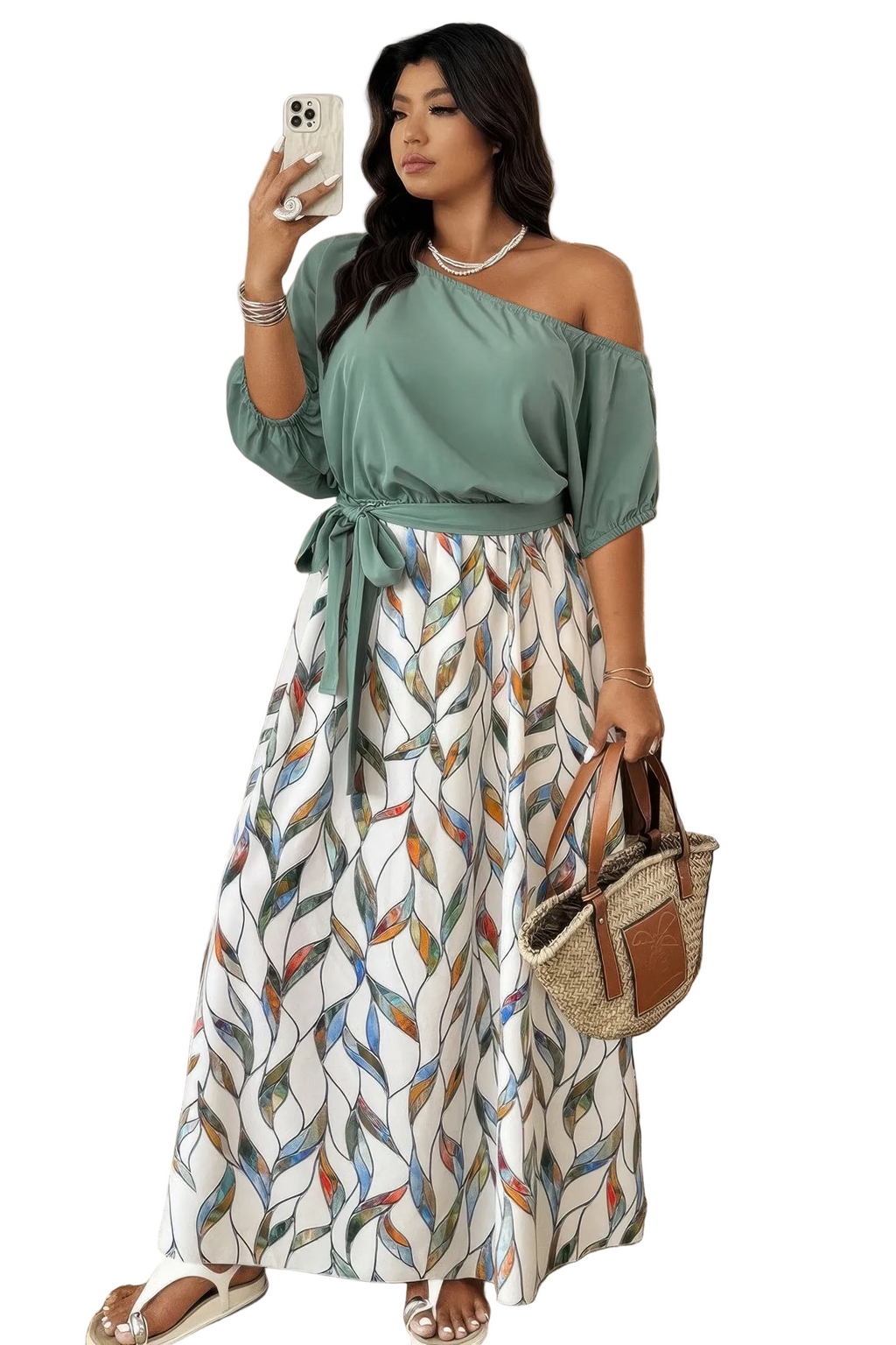 Plus Size Floral Twist Waist One Shoulder Dress