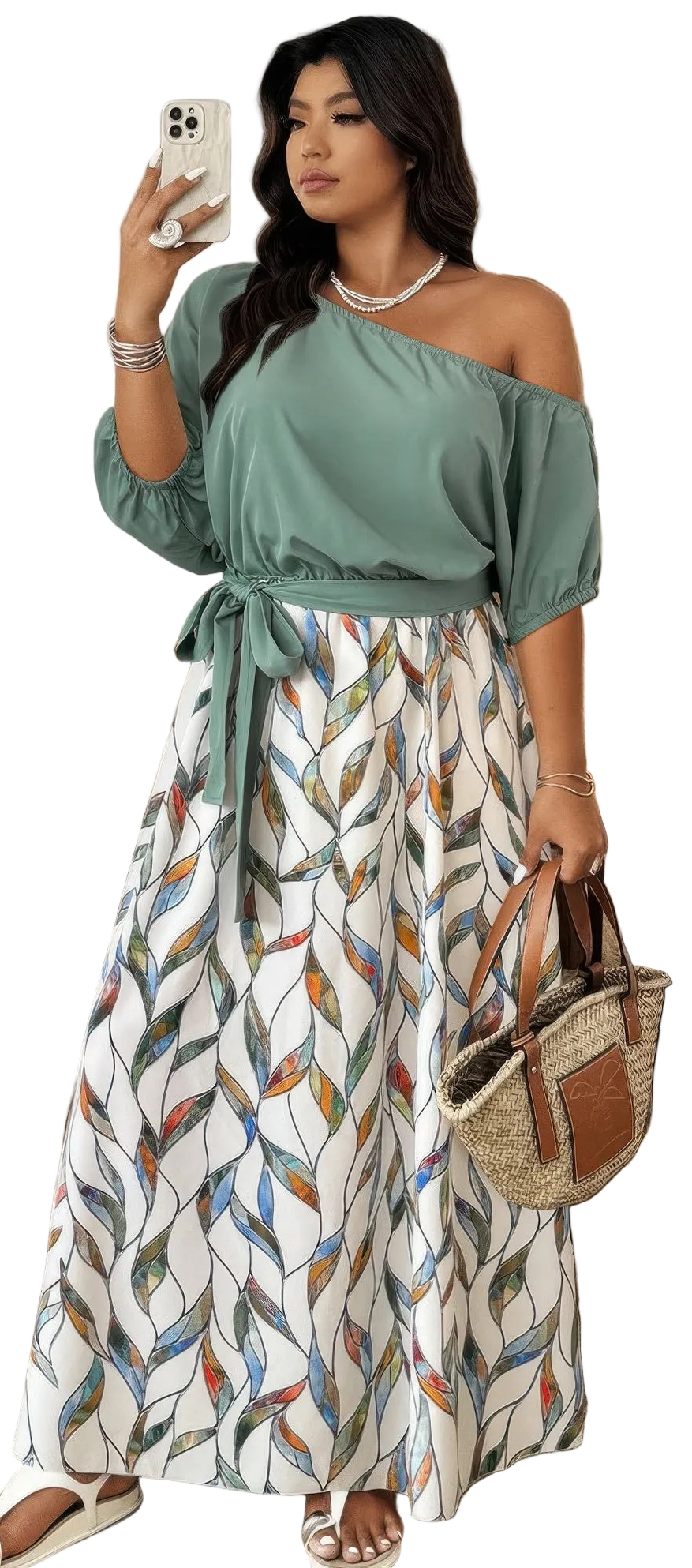 Plus Size Floral Twist Waist One Shoulder Dress
