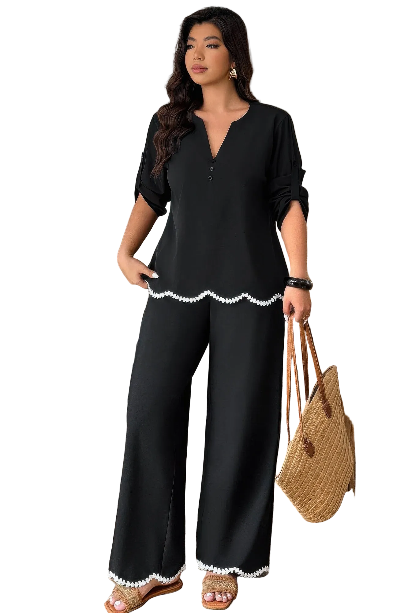 Plus Size Two Pieces Contrast Color Ruffle Trim Sets