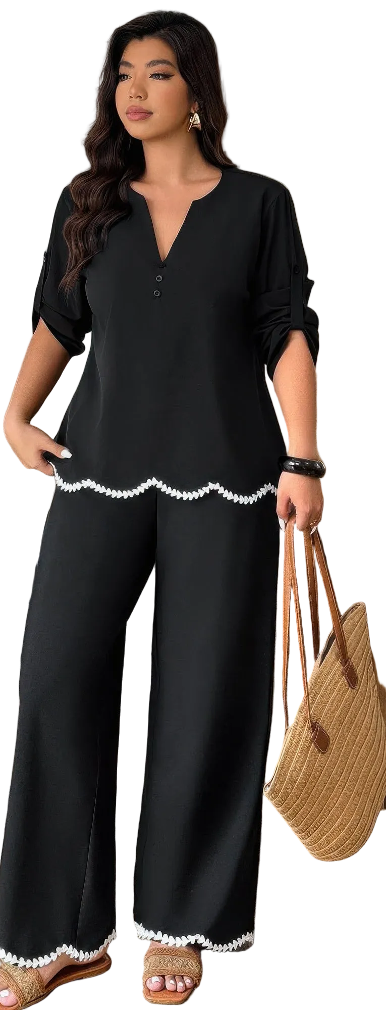 Plus Size Two Pieces Contrast Color Ruffle Trim Sets