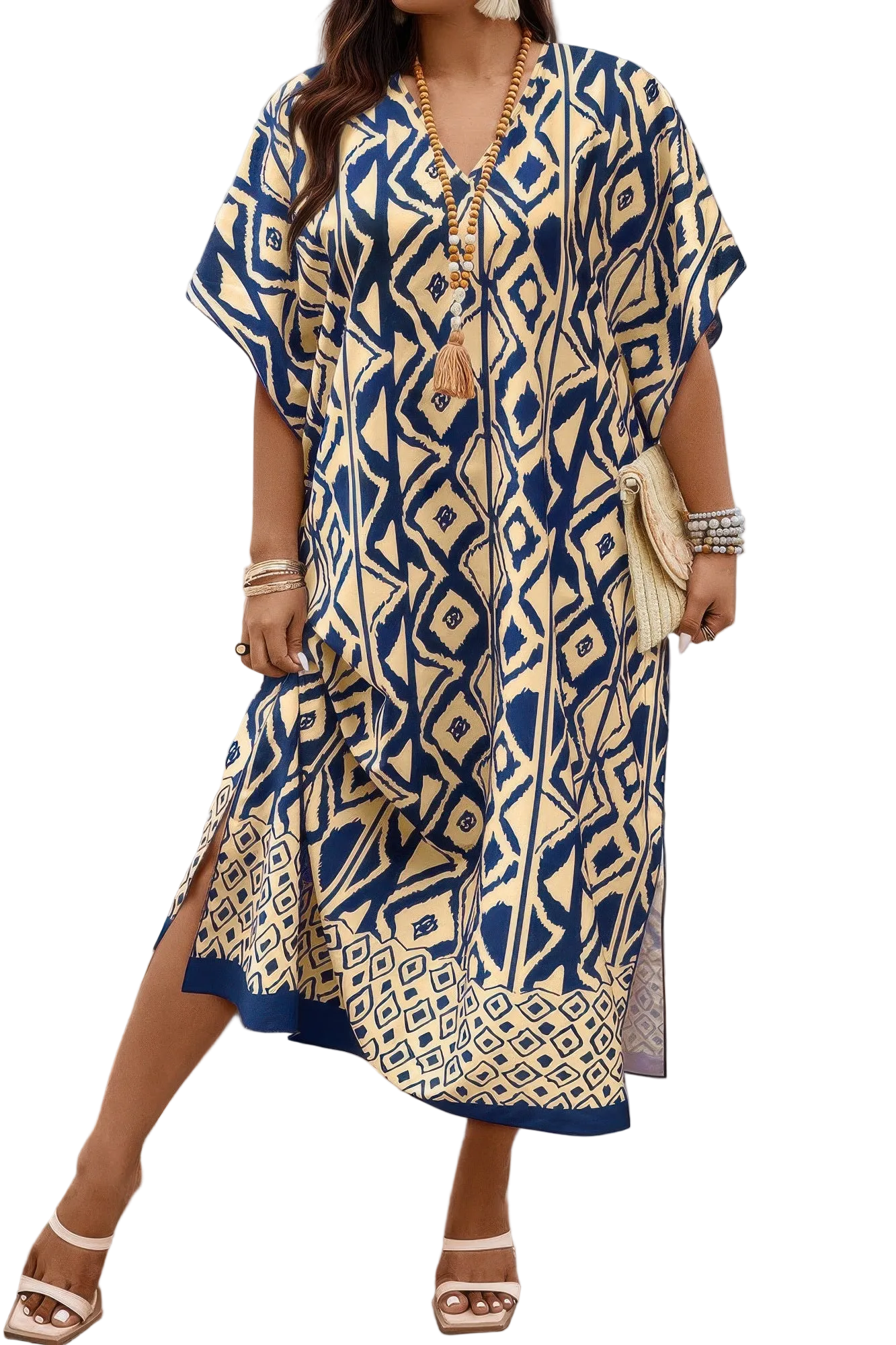 Plus Size All Over Print V Neck Split Dress
