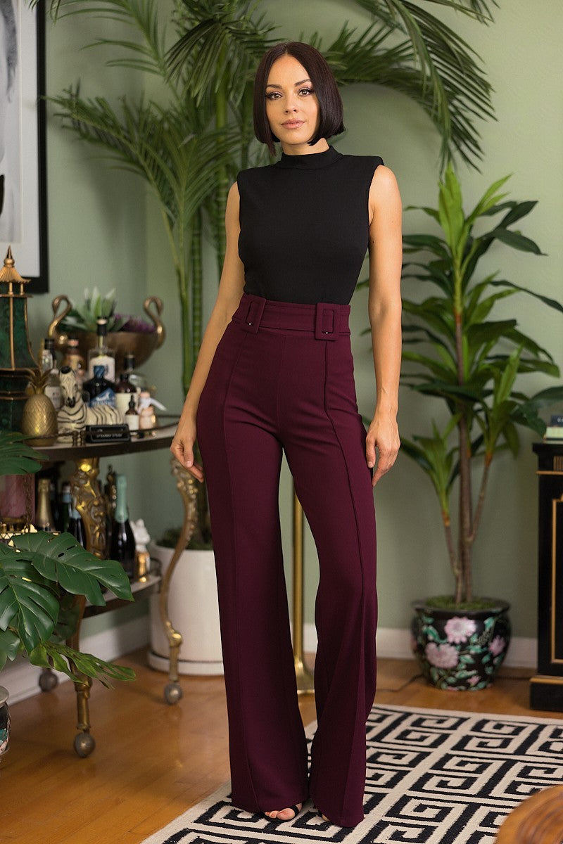 High Waist Pants With Self Fabric Buckle Detail On The Waist ~ 3 Colors