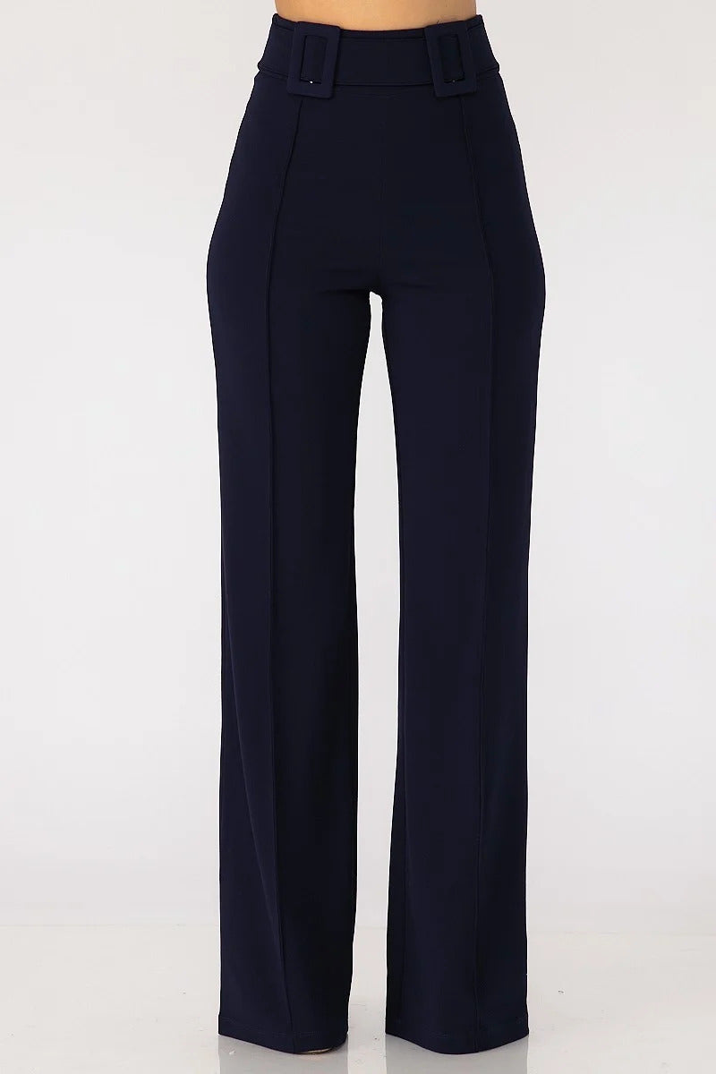 High Waist Pants With Self Fabric Buckle Detail On The Waist ~ 7 Colors