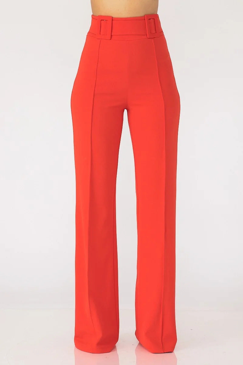 High Waist Pants With Self Fabric Buckle Detail On The Waist ~ 7 Colors