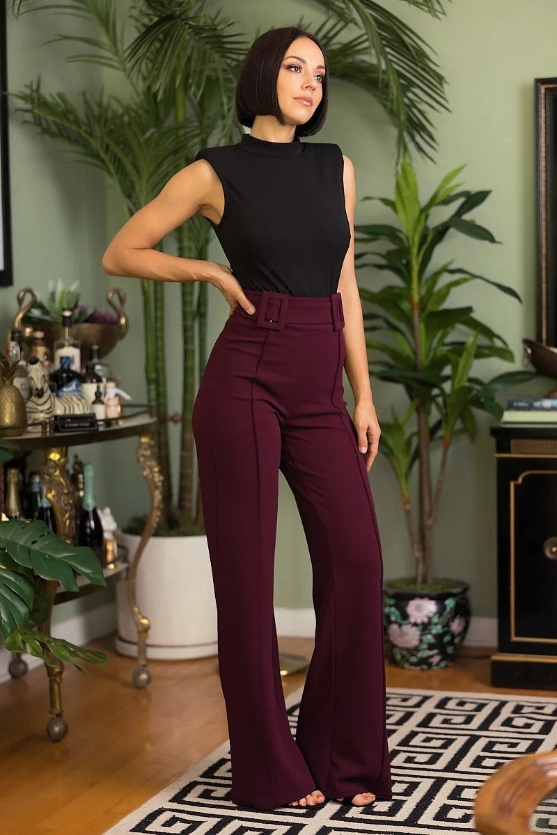 High Waist Pants With Self Fabric Buckle Detail On The Waist ~ 3 Colors