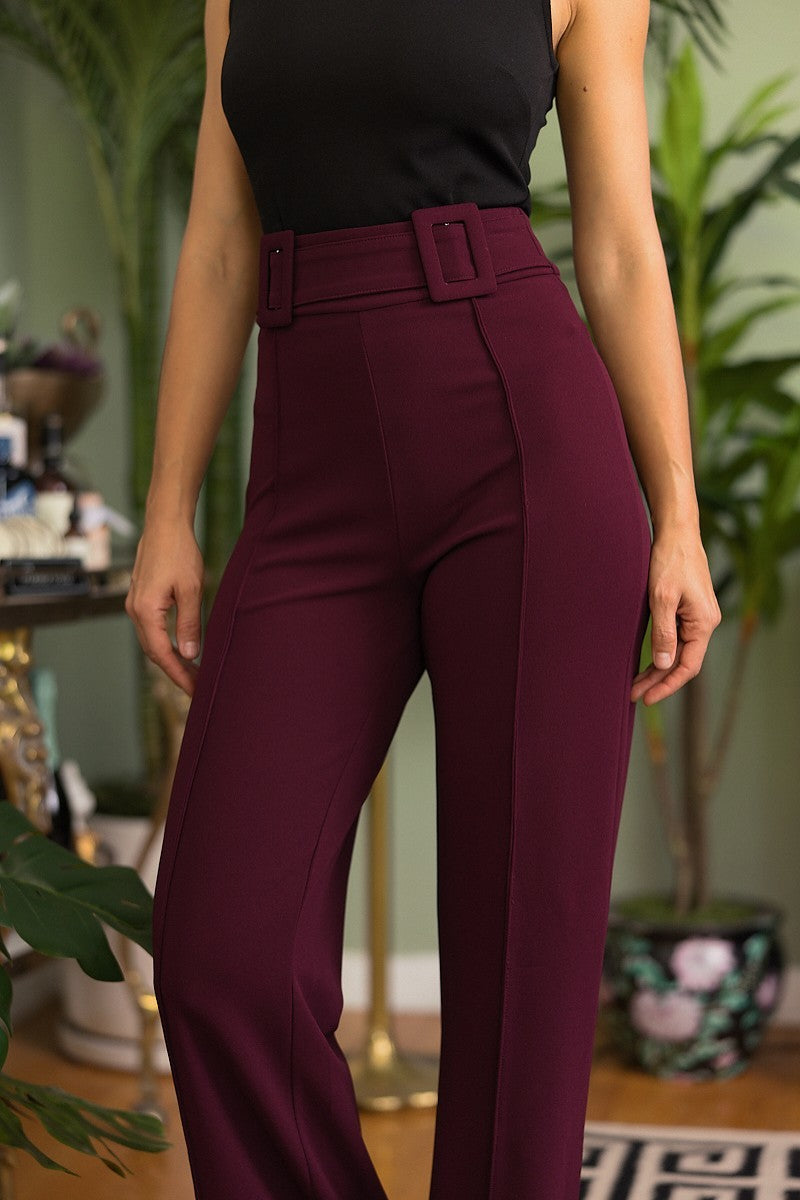 High Waist Pants With Self Fabric Buckle Detail On The Waist ~ 3 Colors