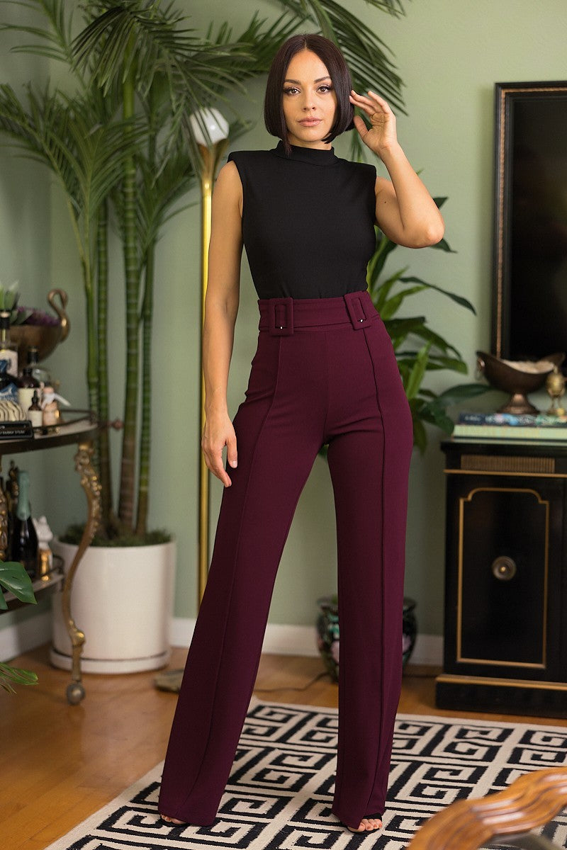 High Waist Pants With Self Fabric Buckle Detail On The Waist ~ 3 Colors