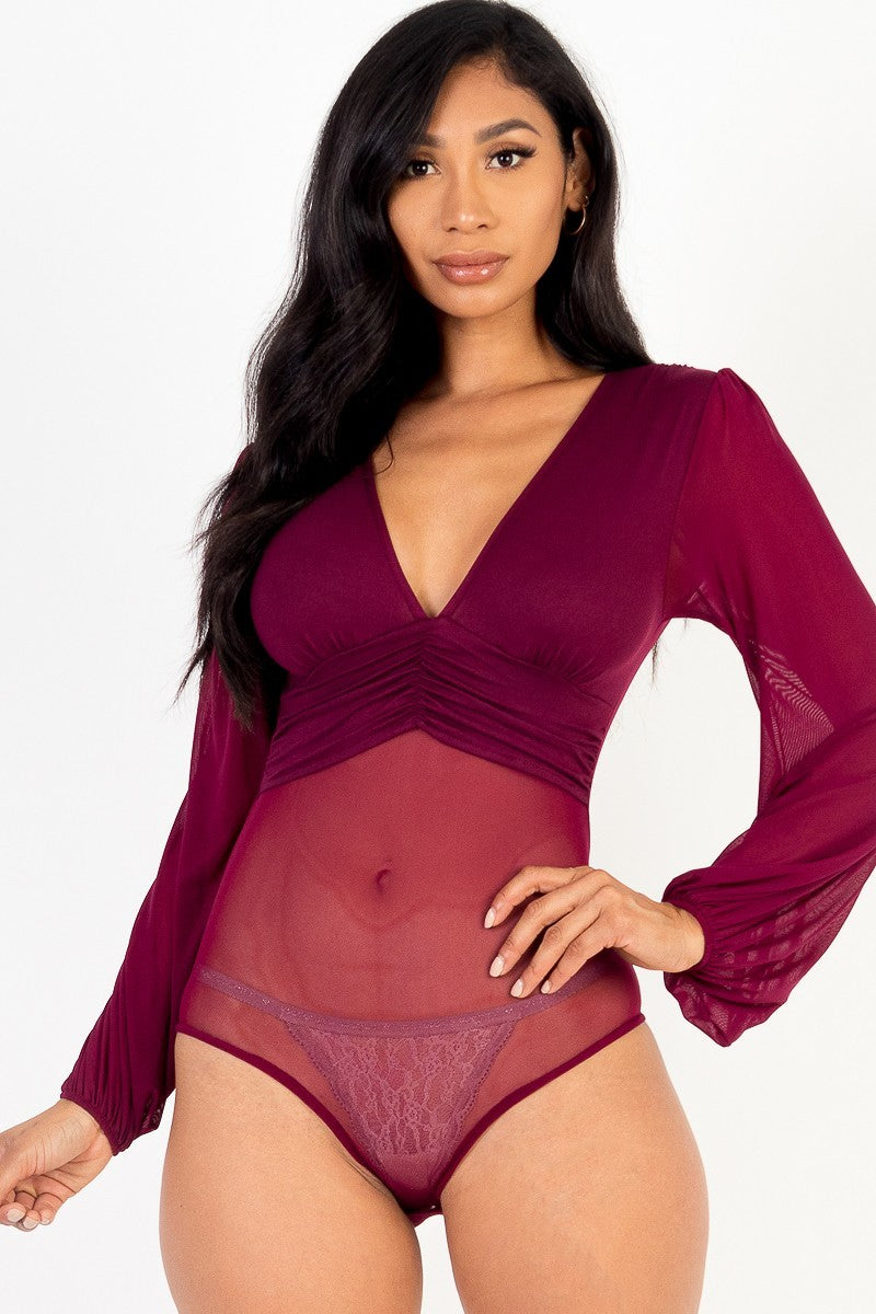 Mesh long sleeve deep v-neck bodysuit ~ 2 Colors