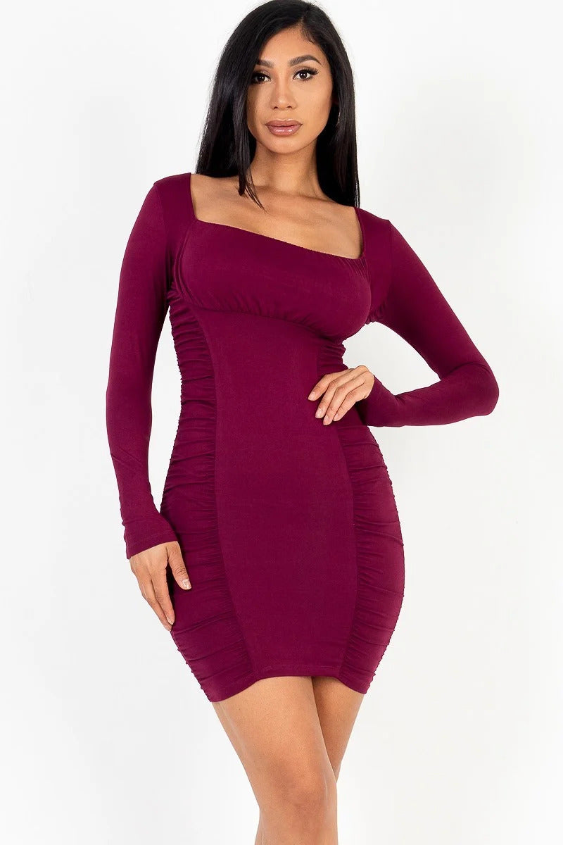 U-neck long sleeve ruched bodycon mini dress ~ 4 Colors