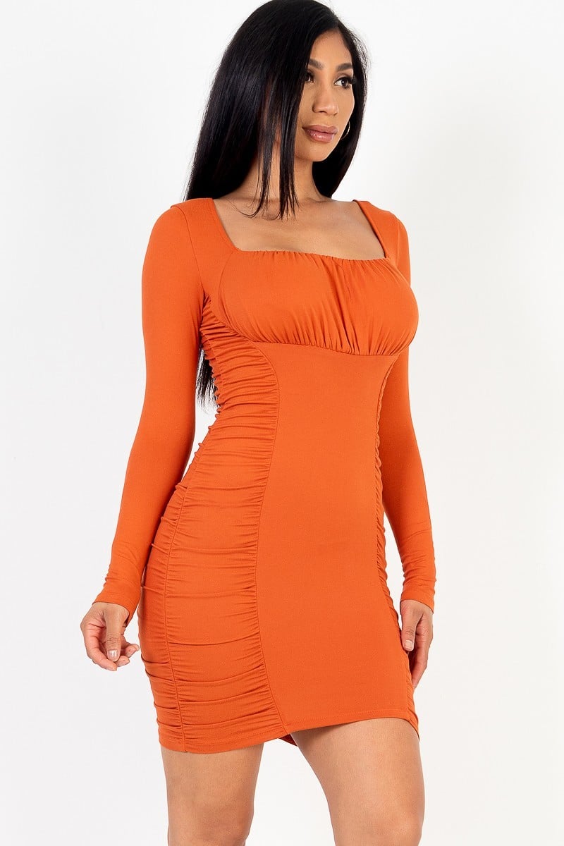 U-neck long sleeve ruched bodycon mini dress ~ 4 Colors