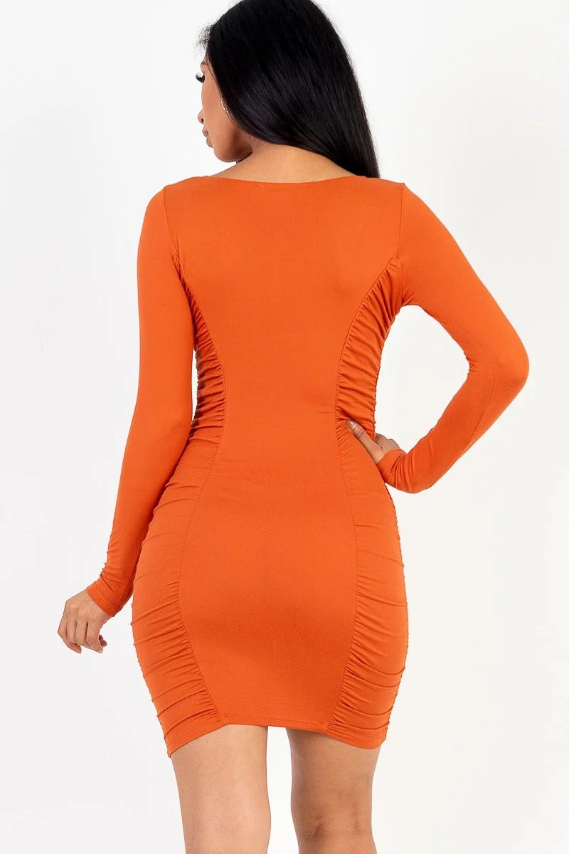 U-neck long sleeve ruched bodycon mini dress ~ 4 Colors