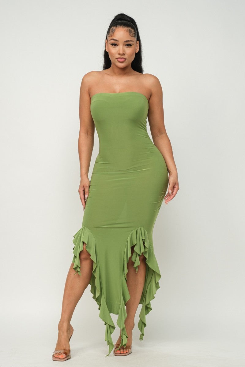 Solid Bottom Ruffle Trim Hem Slit Tube Maxi Dress ~ 3 Colors