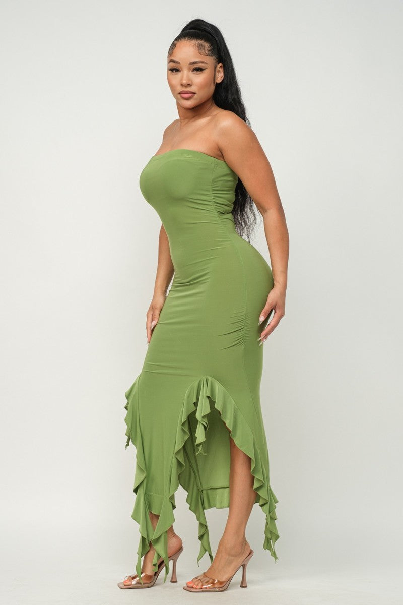 Solid Bottom Ruffle Trim Hem Slit Tube Maxi Dress ~ 3 Colors