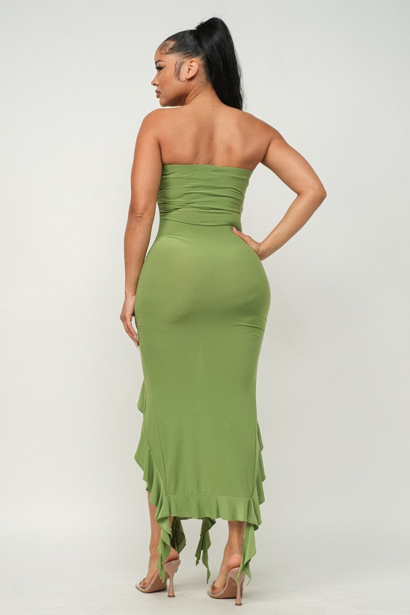 Solid Bottom Ruffle Trim Hem Slit Tube Maxi Dress ~ 3 Colors