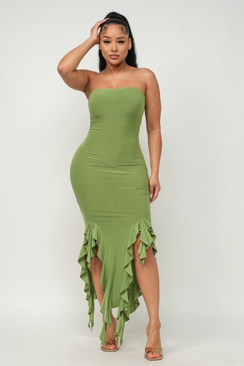 Solid Bottom Ruffle Trim Hem Slit Tube Maxi Dress ~ 3 Colors