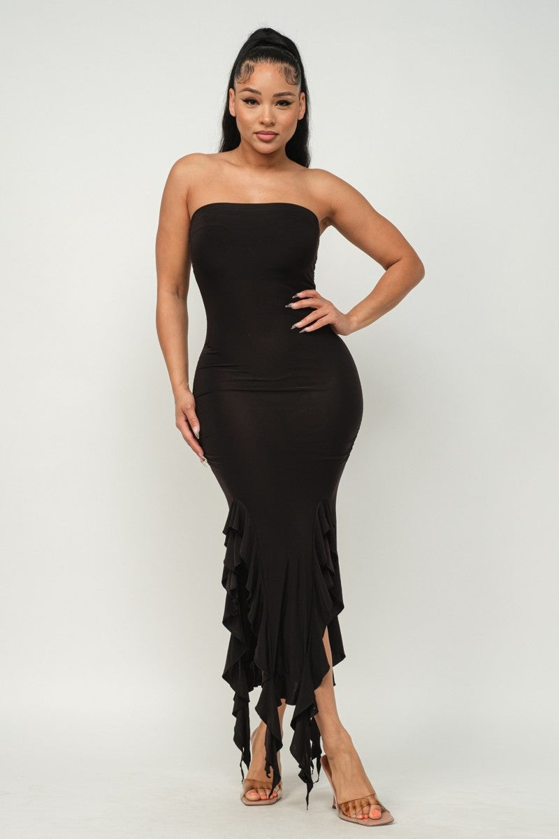 Solid Bottom Ruffle Trim Hem Slit Tube Maxi Dress ~ 3 Colors